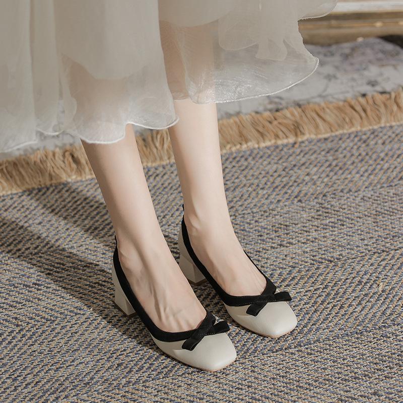 Bow Medium Heel Single Shoes Women's Light Mouth Color Matching Professional Shoes Commuter Women's Shoes