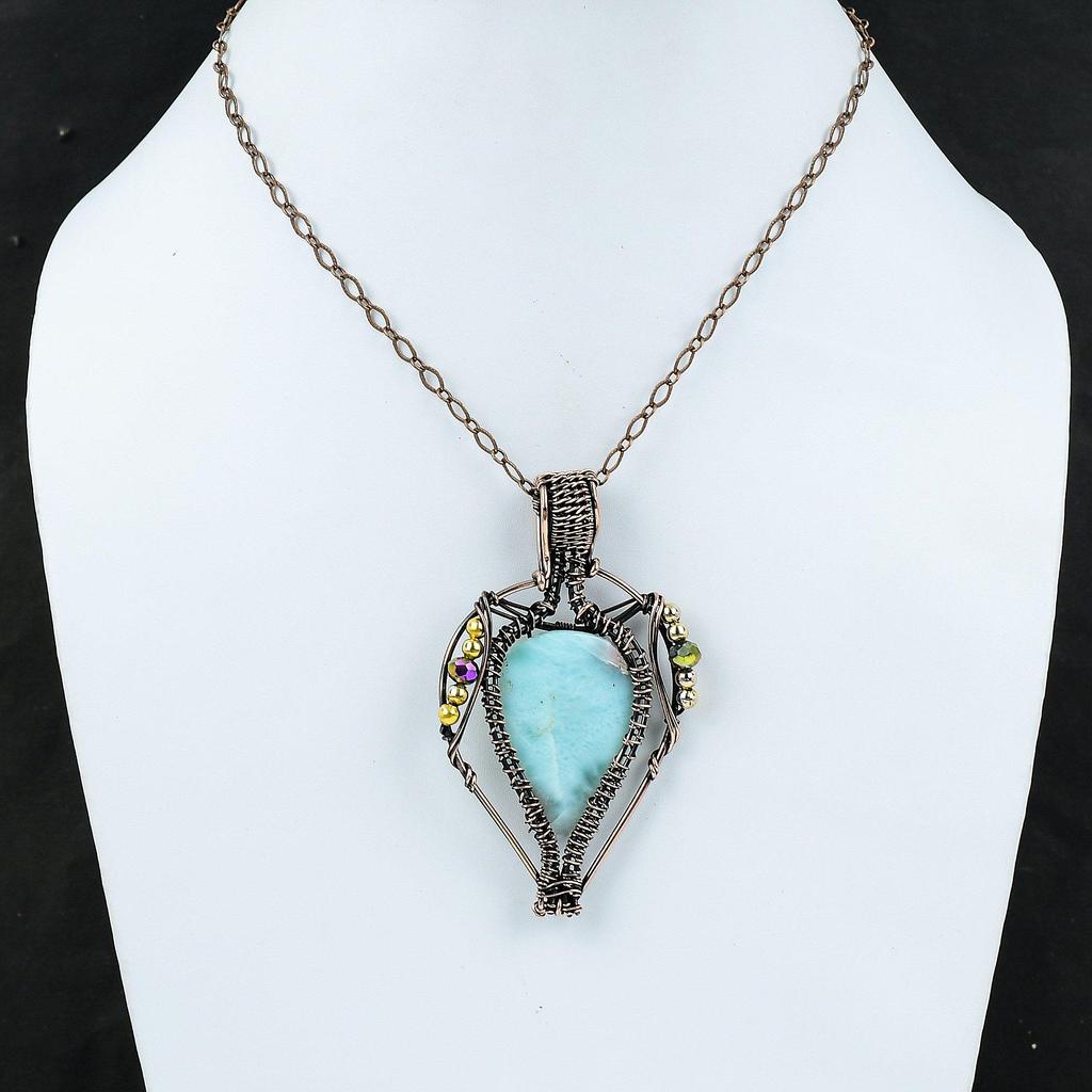 Подвеска из ларимара, медная проволока, обернутая подвеской, высококачественный драгоценный камень, ювелирные изделия ручной работы, медные украшения, титановые бусины, подвеска, подарок для мамы