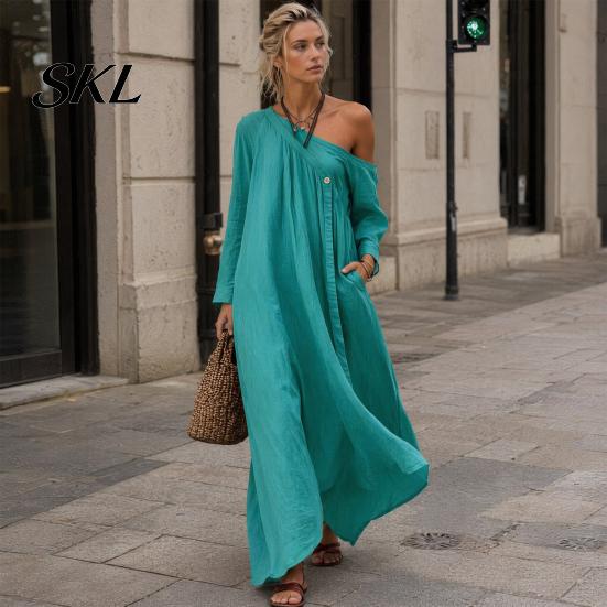 Polyester Dress Women Summer Maxi for Women, Casual Loose One Shoulder Long Sleeve Dress, Flowy Beach Vacation Sundress wwith Pockets Elegant
