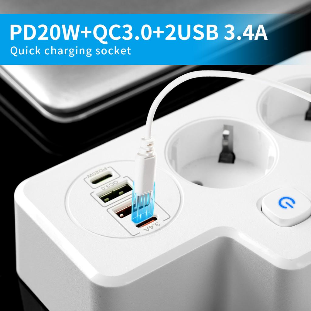 Electrical Socket Fast Charging Ports For Home Office Extension Cord With Switches 2AC Wall Socket Wall Charger With USB Outlets Power Strip Adapter