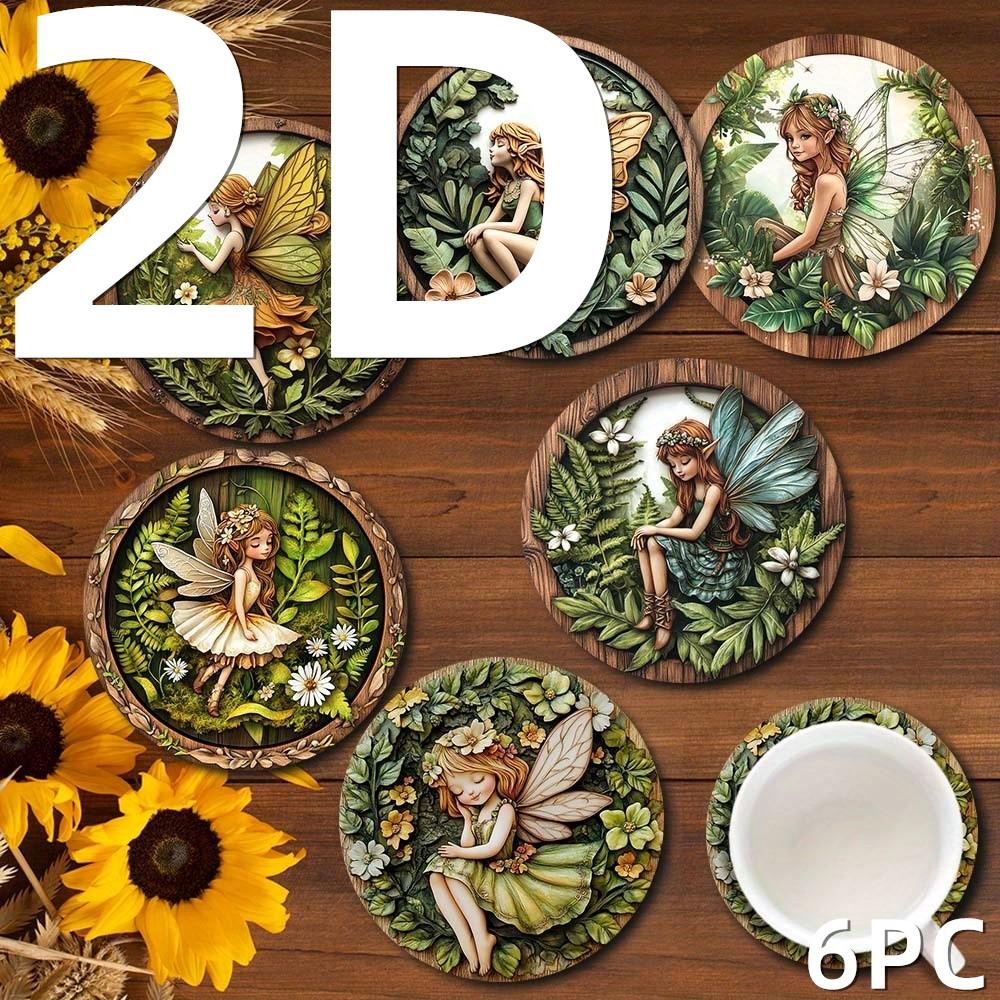 6 Pieces 2D Wooden Coasters Green Elf Pattern Theme Desktop Heat Mats Home Decor Coffee Mug Coasters For Office Restaurant