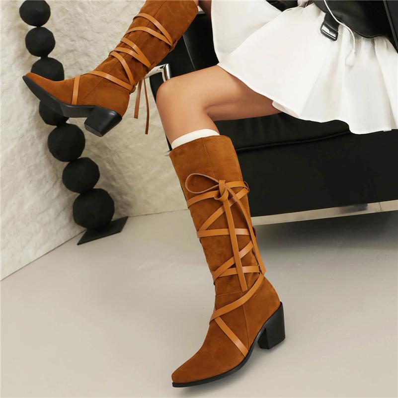 FOREADA Women Knee High Long Boots Round Toe Block High Heels Cross Strap Gogo Boots Ladies Fashion Shoes Winter Yellow Black 46