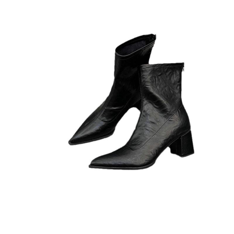 Женские короткие ботинки Острый носок Корейский однотонный Нескользящие Высокие каблуки Толстый каблук Удобная обувь Botas Mujer