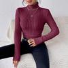 2024 Autumn/Winter High Neck V-Neck Long Sleeve Ribbed Knit Top