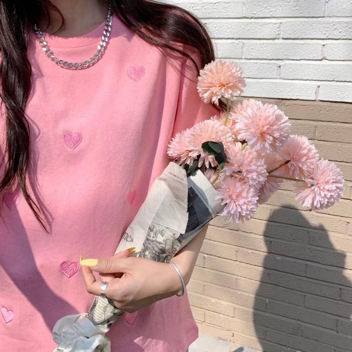 Женская футболка с вышивкой сердечка, свободного кроя, с коротким рукавом и круглым вырезом 2023 - Модная корейская летняя мода