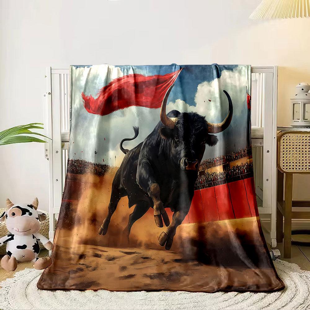 Charging bull with a red flag in a vibrant bullfighting arena setting. for all seasons blanket lunch break throw gift