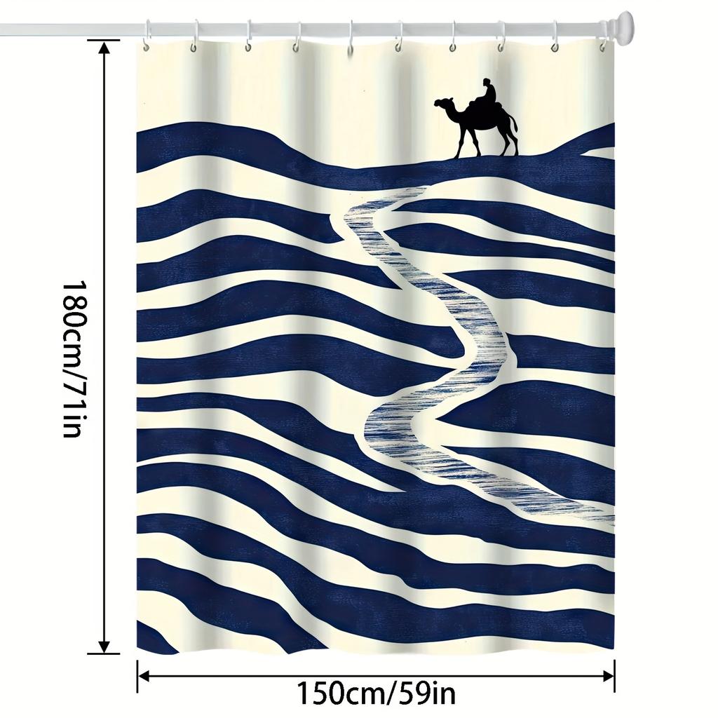 Modern Abstract Wave Shower Curtain - Navy Blue & White Stripes, Polyester Fabric, Machine Washable, Contemporary Bath Decor