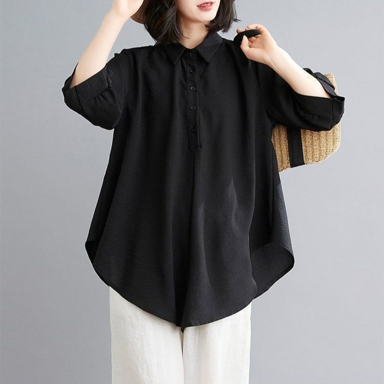 Women Summer Oversized Loose Shirts Large Size Casual Shirt Plus Size Black Tops