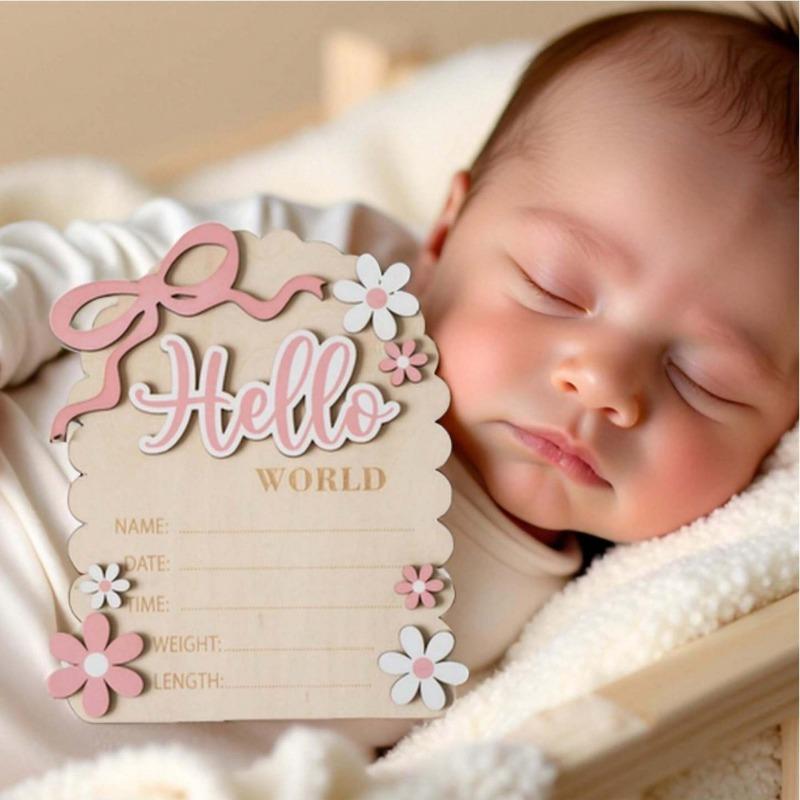 2PCS Baby Shower Hello World Newborn Wooden Sign Pink Bow Baby Growth Souvenir for Mom