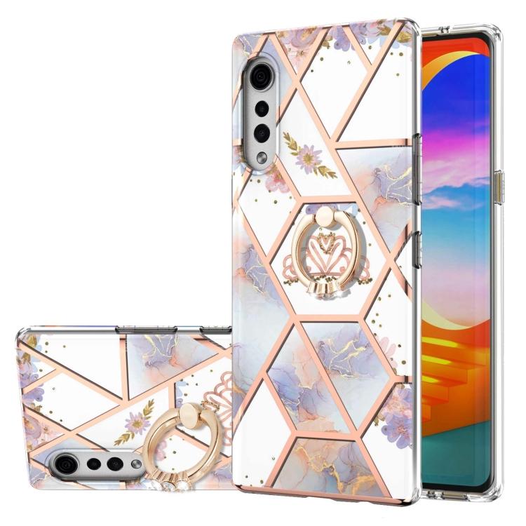 Для LG Velvet 5G Гальванизированный Сращиваемый Чехол из ТПУ с Мраморным Цветочным Узором, Противоударный, с Кольцом-Держателем со Стразами