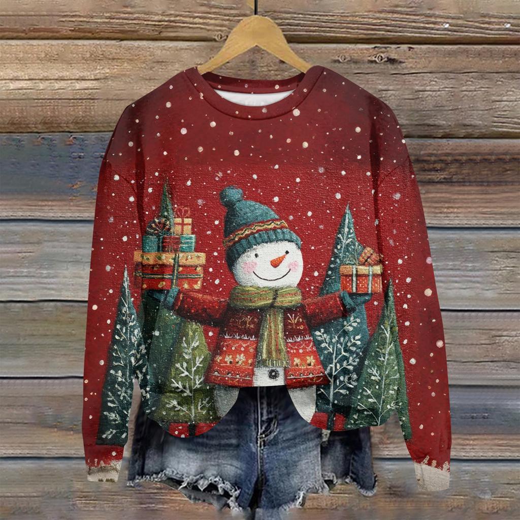 Ladies' Christmas Printed Long Sleeved Round Neck Hoodie Loose Top