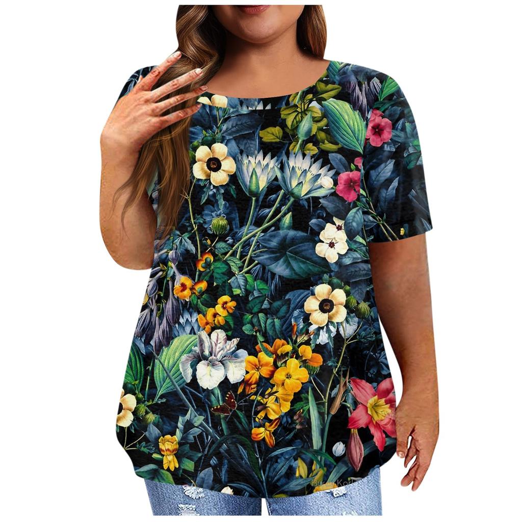 Women's Short Sleeve Shirt Round Neck Plus Size T-Shirt Flower Printed Casual Tops