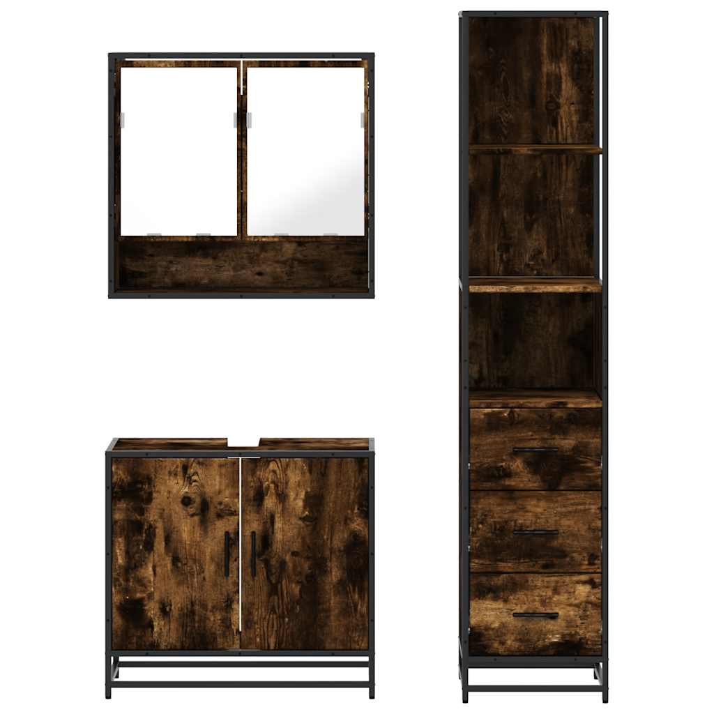 3 Piece Bathroom Furniture Set Smoked Oak Wood Based Material