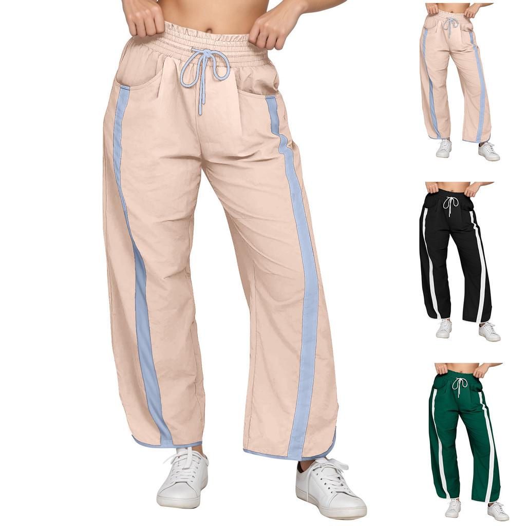 Women's Baggy Wide Leg Pants Casual Drawstring Elastic Waisted Contrast Color Workout  Track Pants