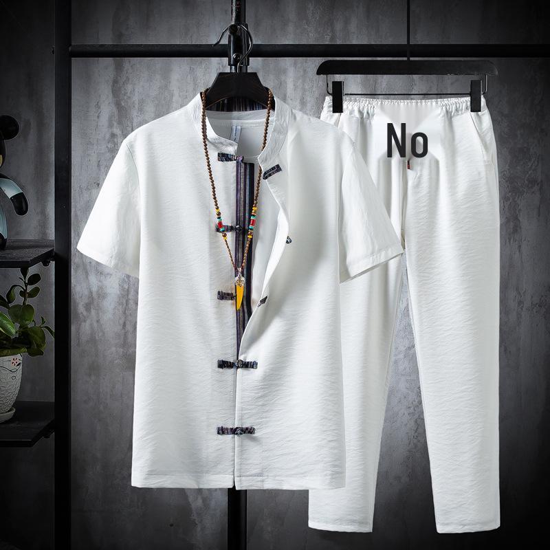 Ice Silk Summer Men's Cotton Linen T-Shirt & Long Pants Set - Casual Solid Color, Plus Size Available