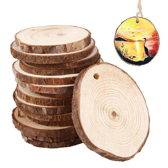 Natural Wood Tree Discs 9-10cm Pre-Drilled Wooden Discs 1cm Thick Smooth Wood