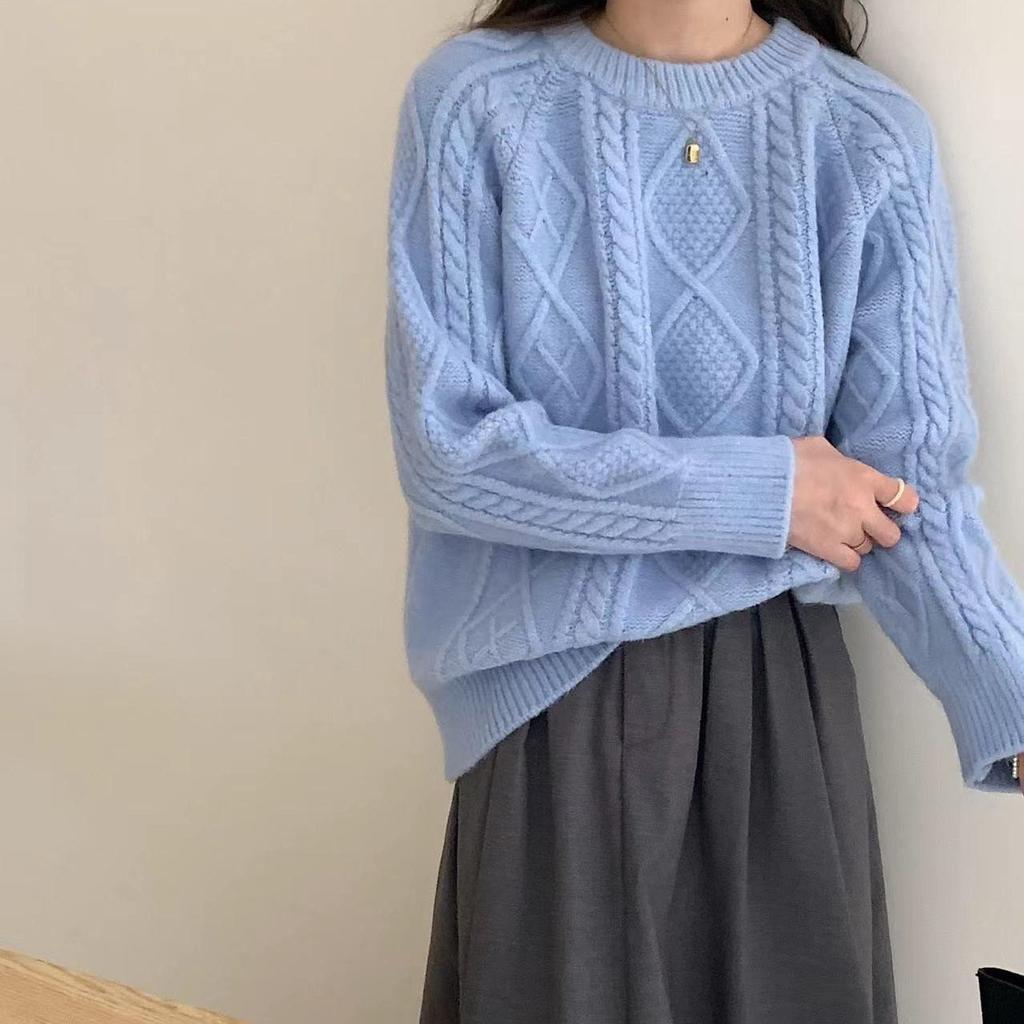 Vintage Twist Thickened Pullover Sweater Women's Autumn and Winter Solid Color Round Neck All-match Loose Knitted Sweater for Outer Wear