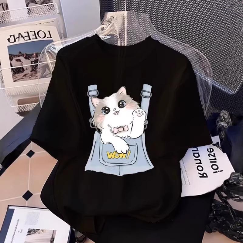 Женская футболка с принтом котенка из мультфильма, короткий рукав, для трансграничной электронной коммерции, лето 2026, больших размеров, свободный крой, модный стройнящий дизайн.