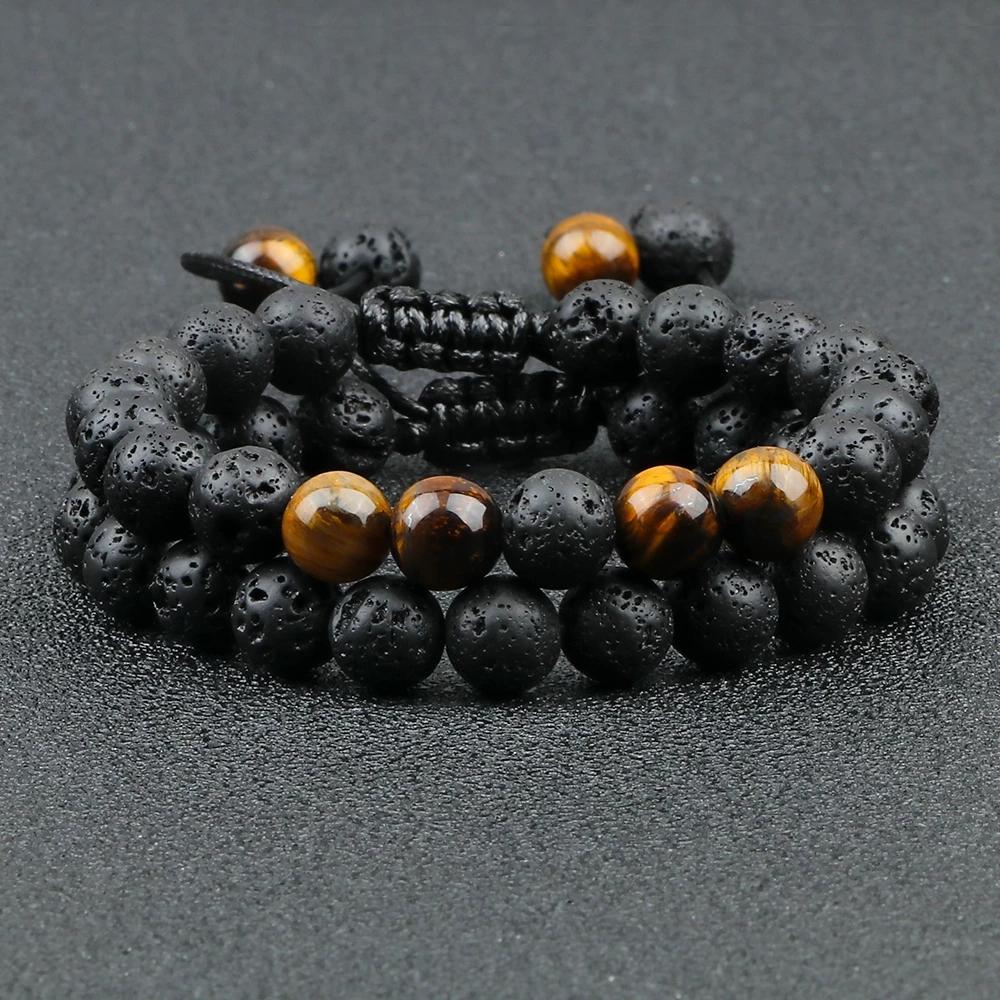 Black Lava Stone Crown Charm Tiger Eye Beads Bracelet For Men Women Braided Bracelets Handmade Adjustable Jewelry Pulseira