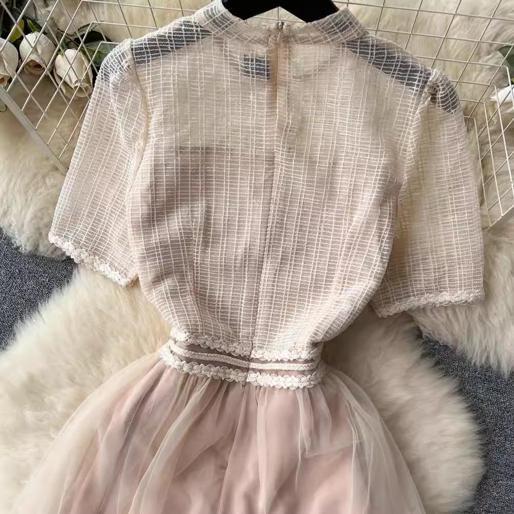 Летнее клетчатое ажурное платье для подиума с вышивкой, женское платье-стойка с коротким рукавом, бежевое шитье, сетчатое тюлевое платье с бантом на шнуровке, вечерние платья