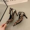 Sexy Leopard Print High Heels Women's New 2025 Summer Pointed Toe Semi-Up Style Fashion Buckle Sandals Beautiful Lady Slippers