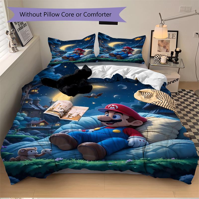 3pc Mario Night Dream Bedding Set Guest Room Bedroom Decor Christmas Halloween Decor Gifts- All Seasons (No Insert)a1013116