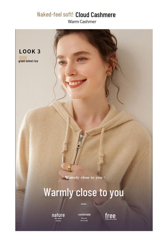 2024 A/W Women's Pure Cashmere Hooded Double Zipper Cardigan - Solid Color, Stylish & Warm.
