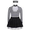 Girl Prisoner Costume 2Pcs Striped Puffy Dress Round Neck Cut Back Long Sleeve Ruffled Tutu Skirt Convict Cap