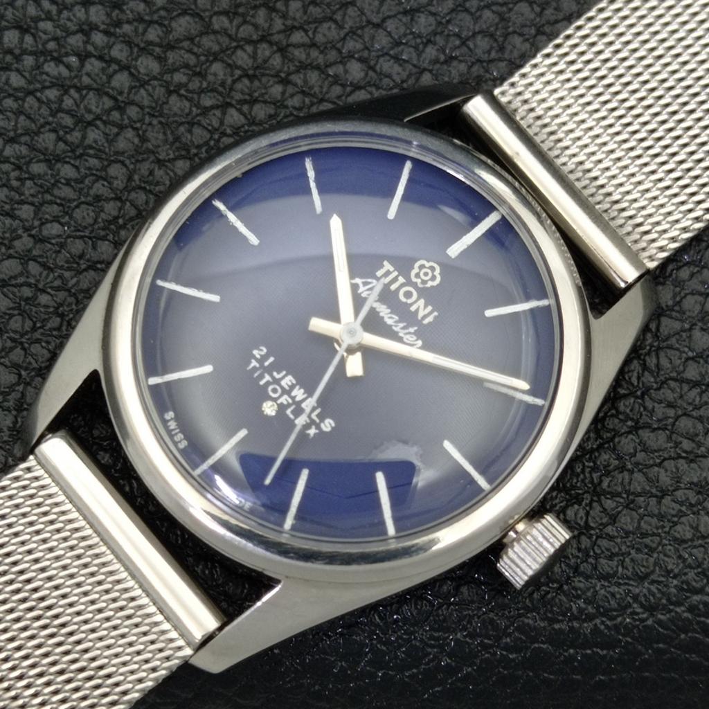 ВИНТАЖНЫЕ ЧАСЫ TITONI AIRMASTER С РУЧНЫМ ЗАВОДОМ TITOFLEX ШВЕЙЦАРСКИЕ МУЖСКИЕ СИНИЕ ЧАСЫ a436444-2