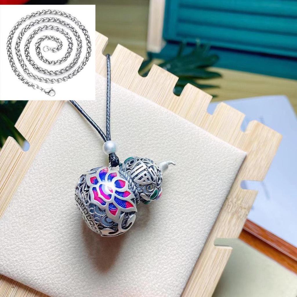 Ethnic Blue Enamel Gourd Pendant, 925 Sterling Silver Sweater Chain for Girls
