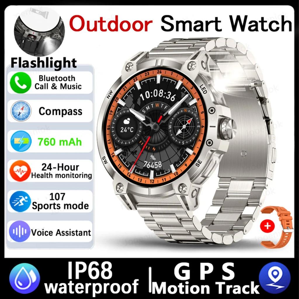 2025 New Outdoor Smart Watch Men 600mAh LED Flashlight SmartWatch Compass Bluetooth call Heart rate IP 68 Sports Smartwatch 5ATM