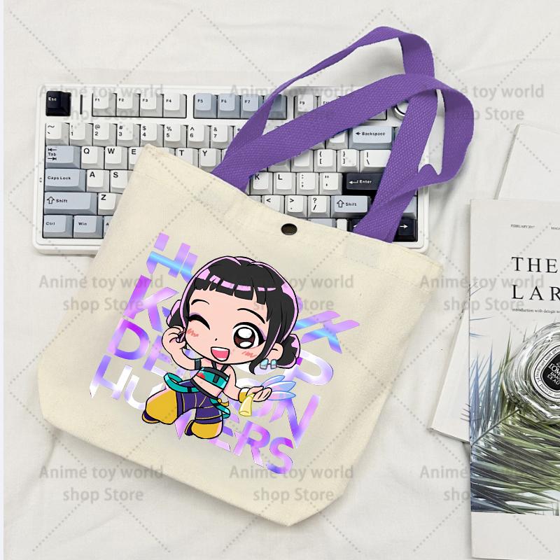 KPop Demon Hunters GIRLS Canvas Shopping Bags Women Cotton Tote Bags Reusable Cartoon Letter Shoulder Bag Grocery Handbag Beige
