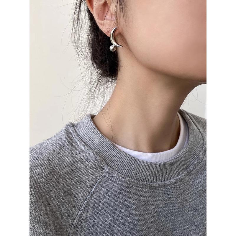 Ash Crescent Cool Grey Pearl Moon Stud Earrings for Women - Trendy and Chic Ear Accessories 2026