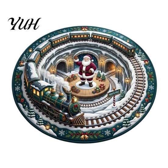 Round Floor Rug 3D Christmas Santa Rug, 24" Area Quilted-Look Non-Slip Holiday Decorative Carpet Mat, Staircase Snowman for Living Room Bedroom Decor