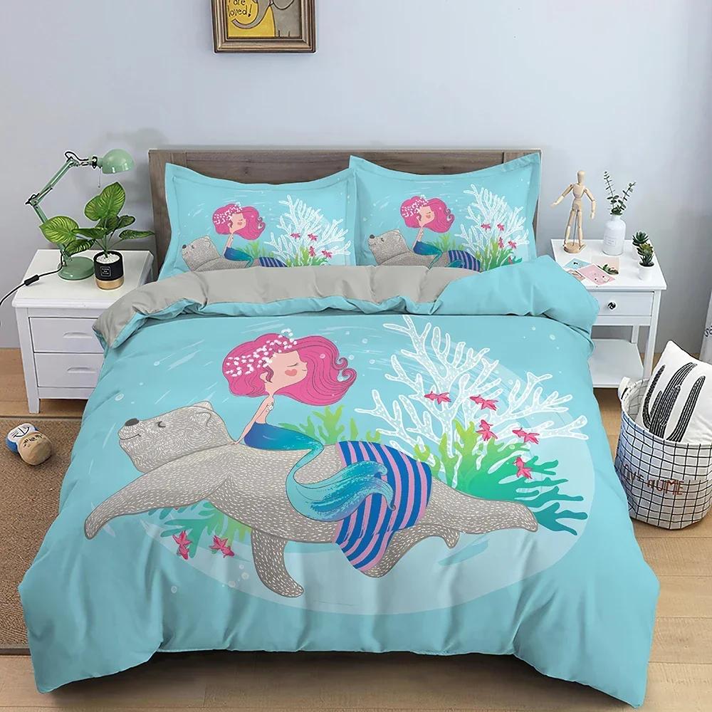 Cartoon Mermaid Pattern Comfortable Duvet Quilt Cover Pillowcase Bedding Set Children Bedroom Decoration Home Textile