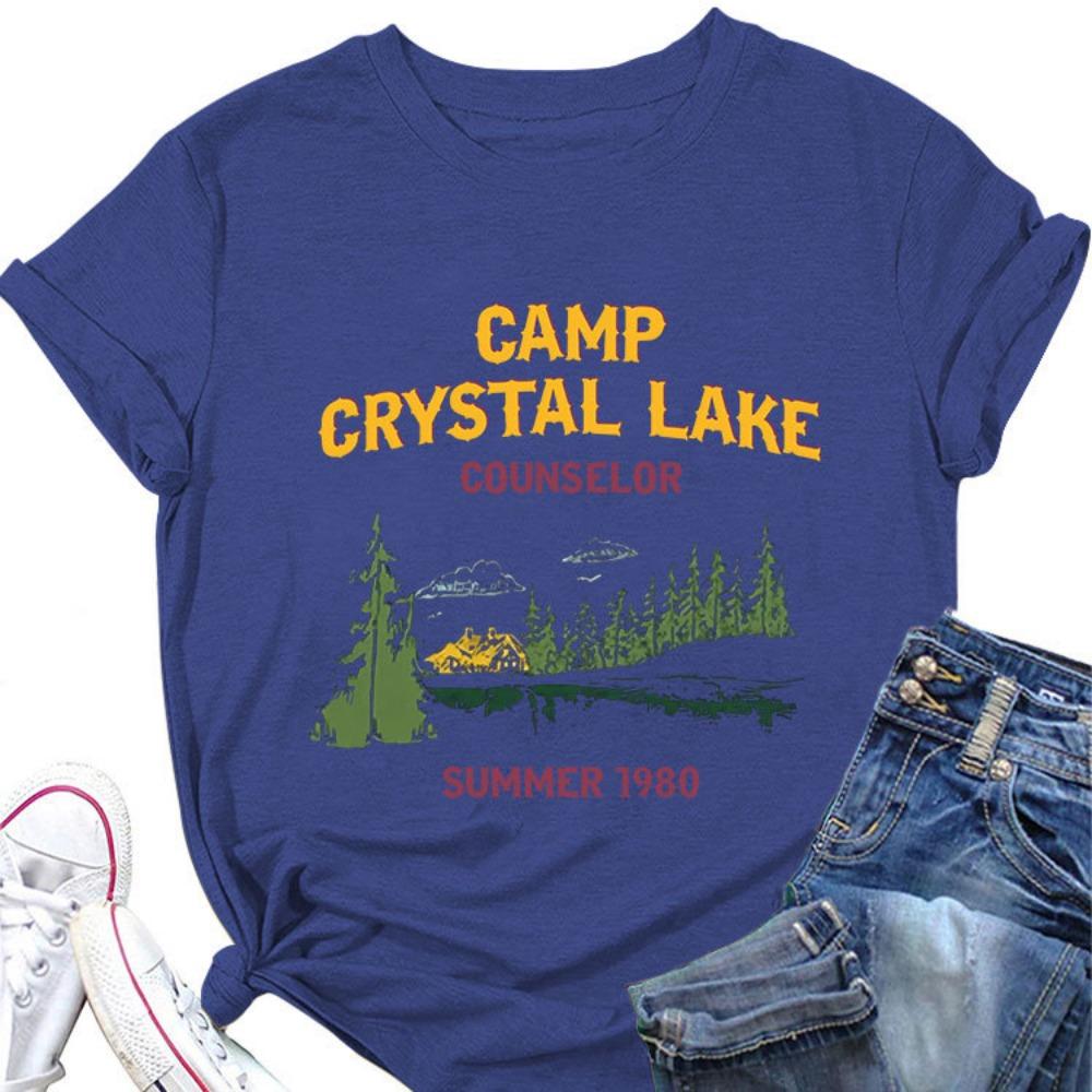 Летняя новая женская футболка с короткими рукавами, с принтом Camp Crystal Lake, свободный крой, круглый вырез, повседневный топ, сочетается со всей модной одеждой