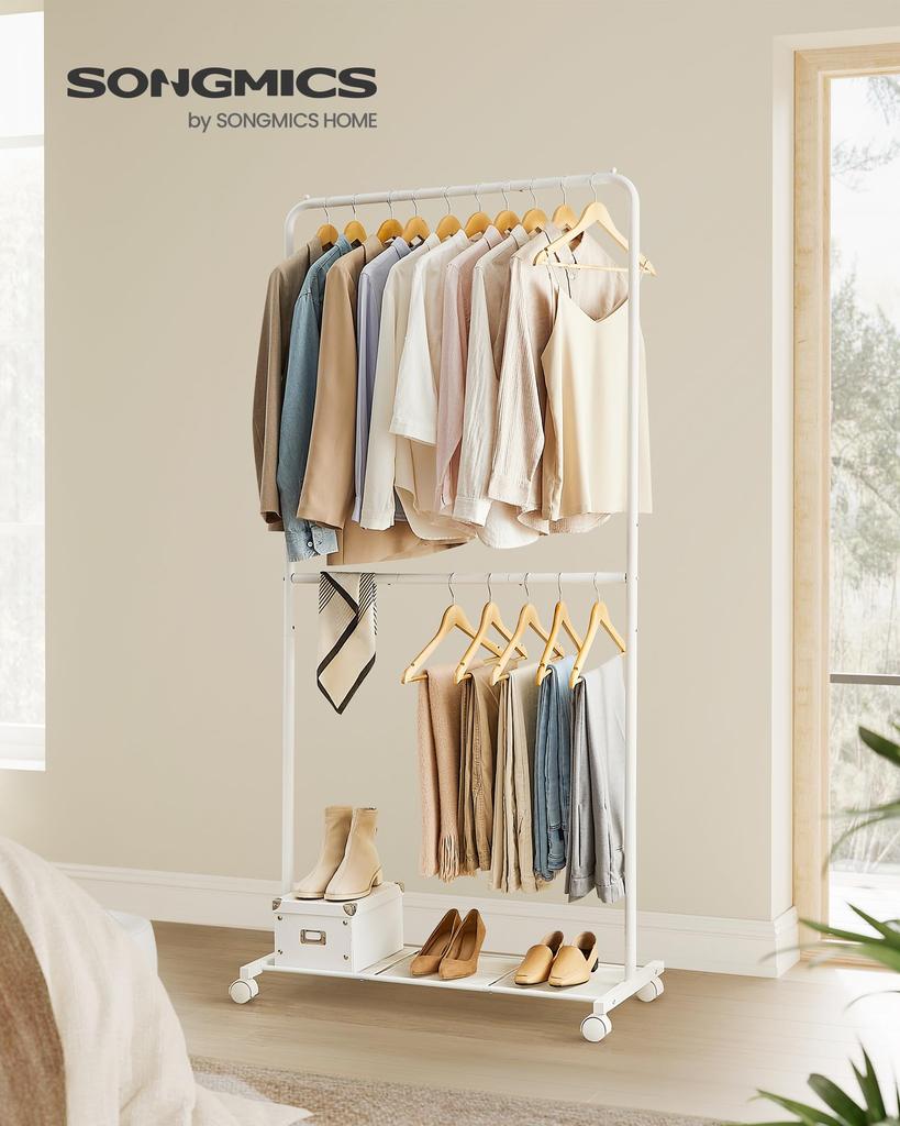 SONGMICS Hanger Pipe Height Style Coat Indoor Clothes Room Drying Clothing Width Just the Right Load Capacity White HSR027W01 Rack, Hanger, 2-Tier,