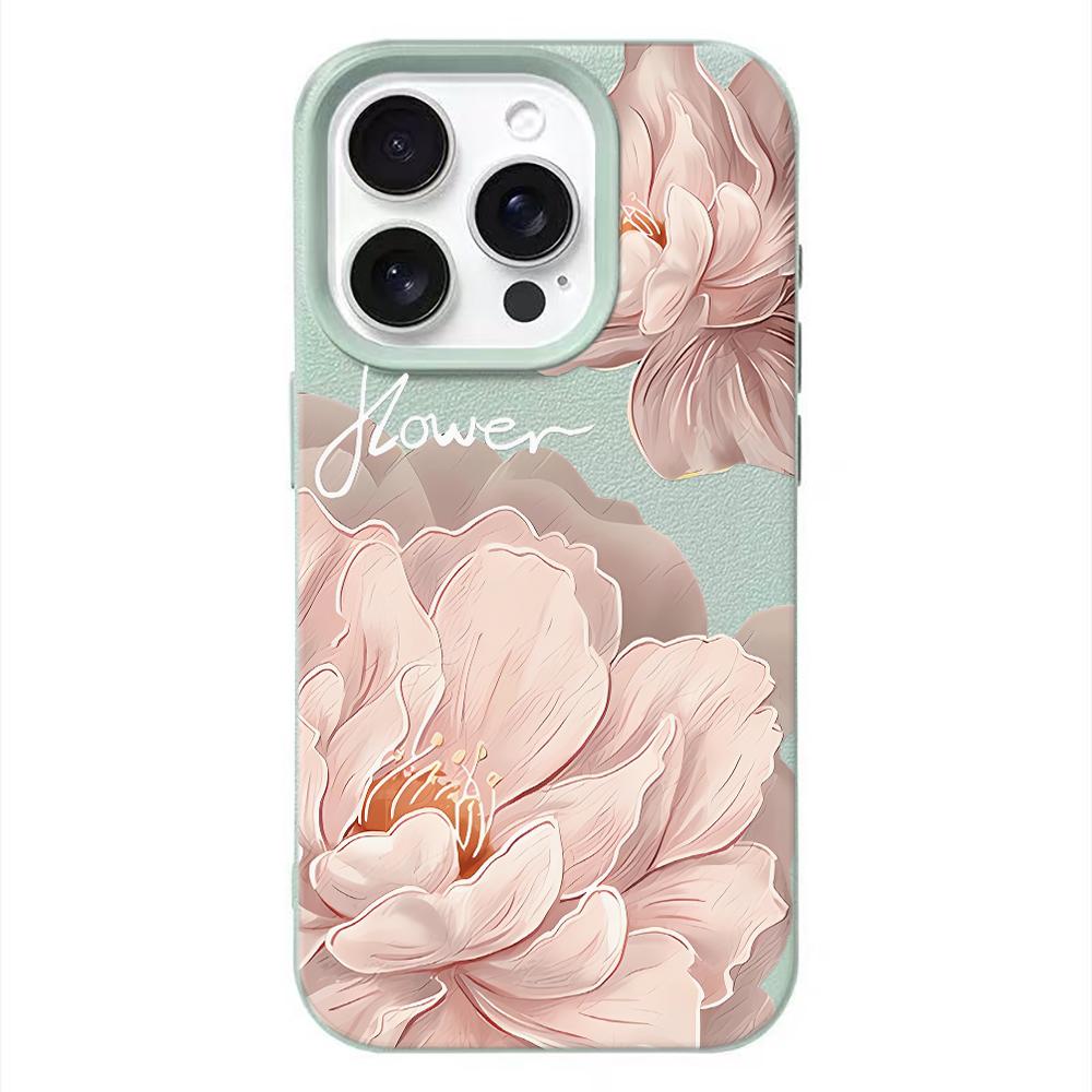 Чехол-коллаж с изображением розового пиона и мяты для iPhone 17 Air 16 16e 15 14 13 12 11 Pro Max Защитная кожаная крышка