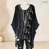 Women Plus Size Round Neck Batwing Sleeve Loose Cat Moon Printed Top Blue Beige Side Slit