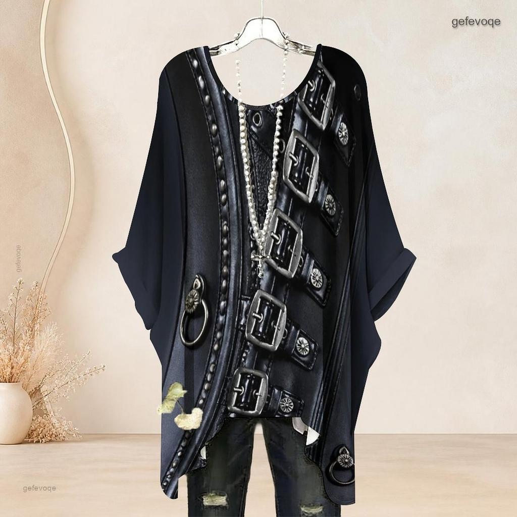 Women Plus Size Round Neck Batwing Sleeve Loose Cat Moon Printed Top Blue Beige Side Slit