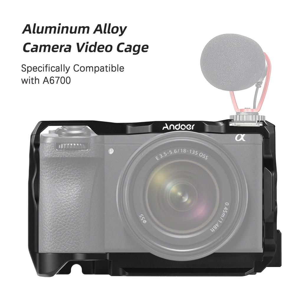 Andoer Camera Cage + Top Handle Kit Aluminum Alloy Camera Video Cage with Magnetic Wrench Slot Cold Shoe Mount Arca