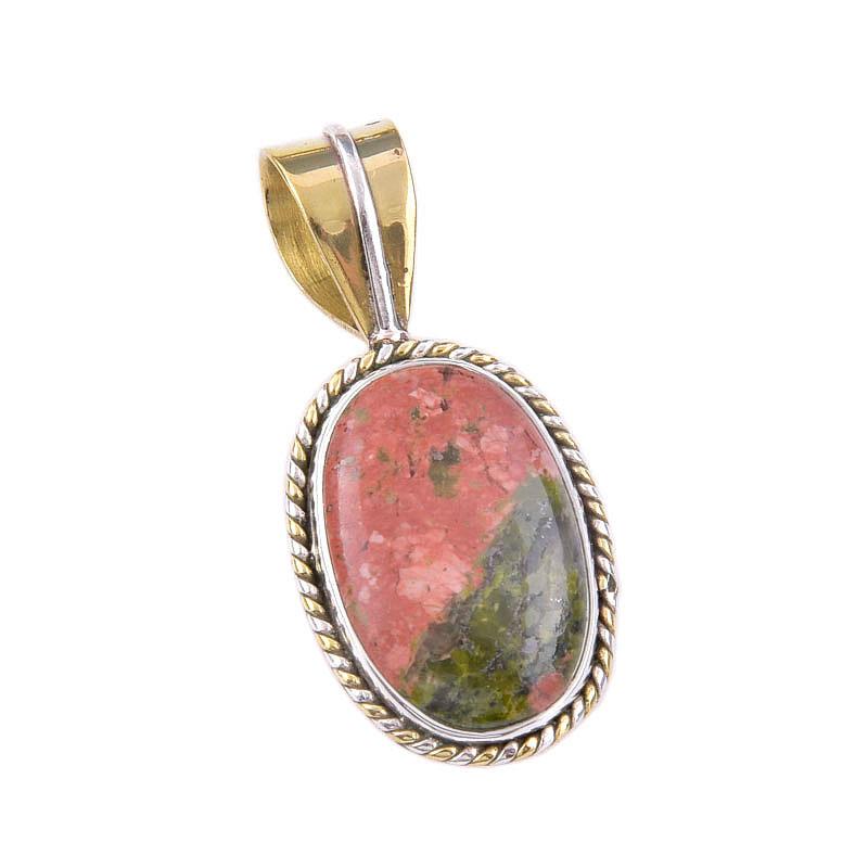 Natural Unakite Gemstone 925 Solid Sterling Silver Two Tone Pendant 1.50" v0D07