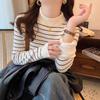Women's Autumn Winter Thickened Striped Sweater with Integrated Fleece Fabric Half-High Neck Base Layer Top