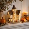 Small House Statue Vintage Light-Up Cottage Halloween Decoration, Gothic Ghost Pumpkin Village Figurine Figurine, LED Rustic Courtyard Resin