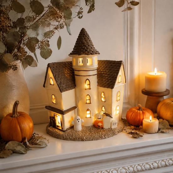 Small House Statue Vintage Light-Up Cottage Halloween Decoration, Gothic Ghost Pumpkin Village Figurine Figurine, LED Rustic Courtyard Resin