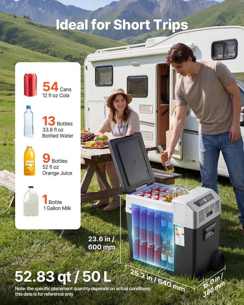 12 Volt Refrigerator, 52.8 QT/ 50L Car Fridge, Portable Electric Freezer Compressor with Handle, APP Control and Wheels, 12V/24V DC 100-240V AC, -22