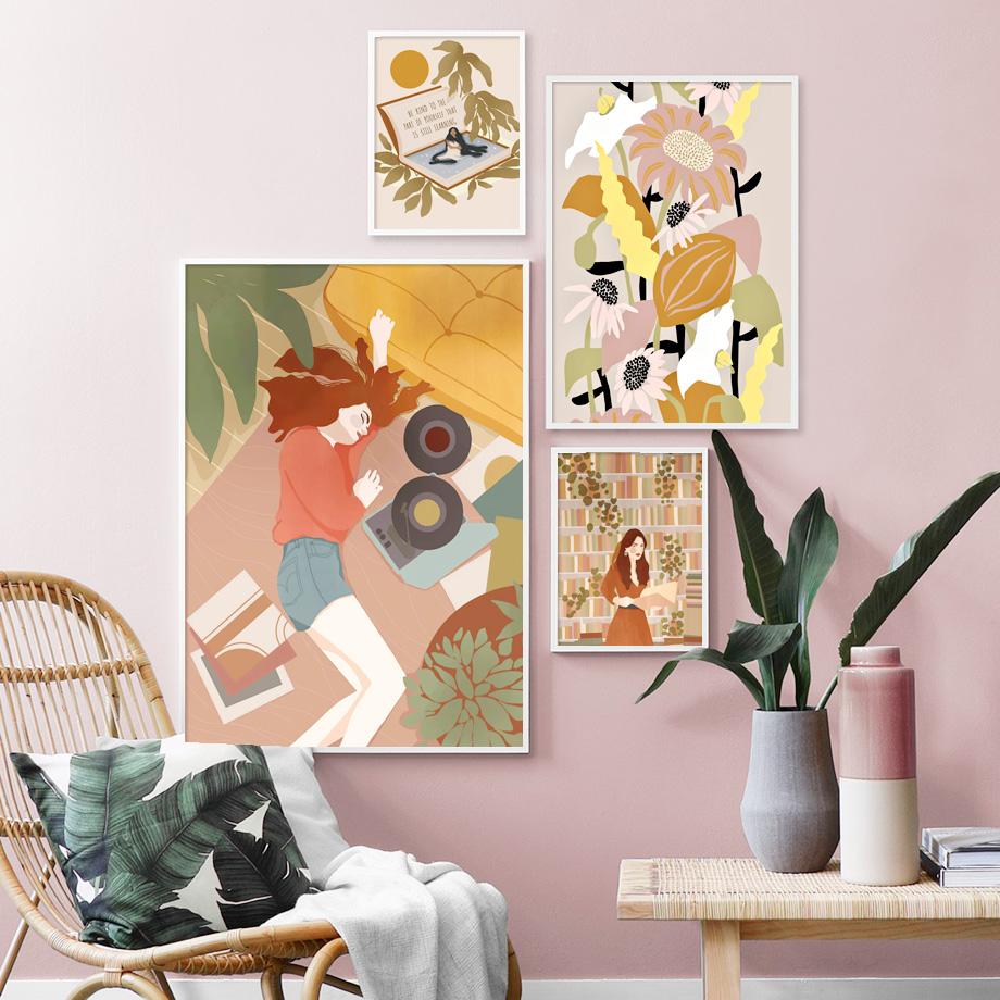 Tropical Girl Book Flower Cheetah Boho Nordic Posters And Prints Wall Art Canvas Painting Wall Pictures For Living Room Decor No Frame