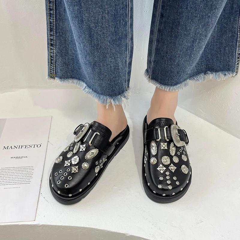 Fashion 2024 New Summer Women Slippers Platform Rivets Punk Rock Leather Mules Creative Metal Fittings Casual Party Shoes Female Outdoor