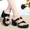 2024 New Summer Platform Slippers for Woman Fashion Outdoor Bright Leather Peep Toe Square Heel Outdoors Round Head Ladies Shoes