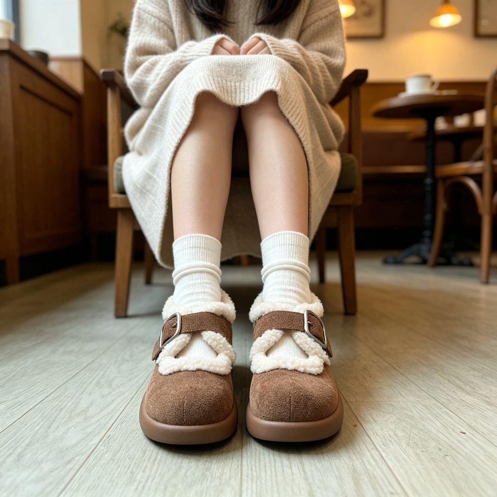 Sweet and light-mouthed fluffy cotton shoes for women's autumn and winter new retro bow thick-soled one-word buckle versatile Mary Jane